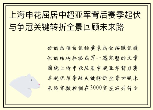 上海申花屈居中超亚军背后赛季起伏与争冠关键转折全景回顾未来路